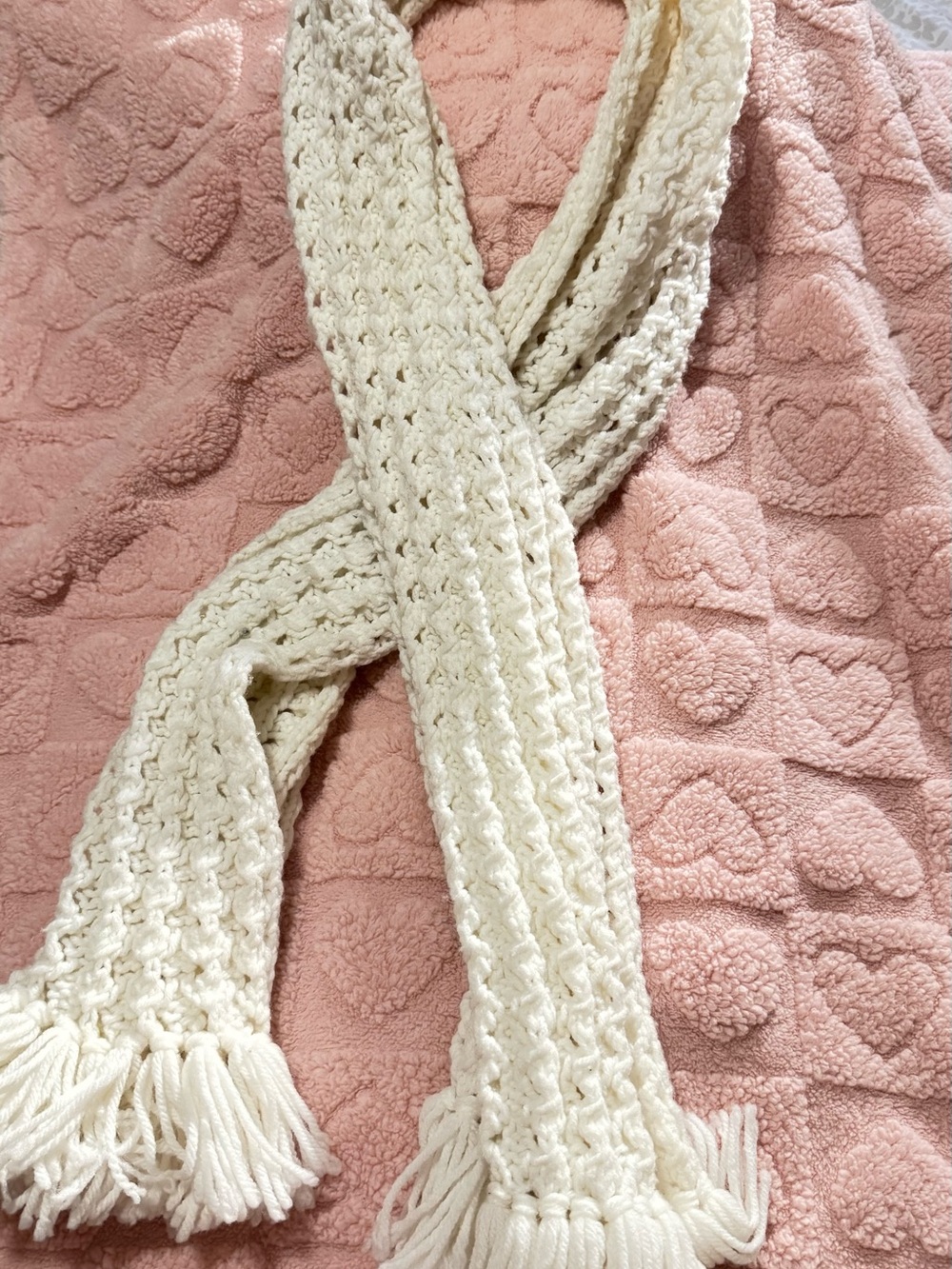 Cream Knit Fringe Scarf - Women’s Soft Winter Accessory